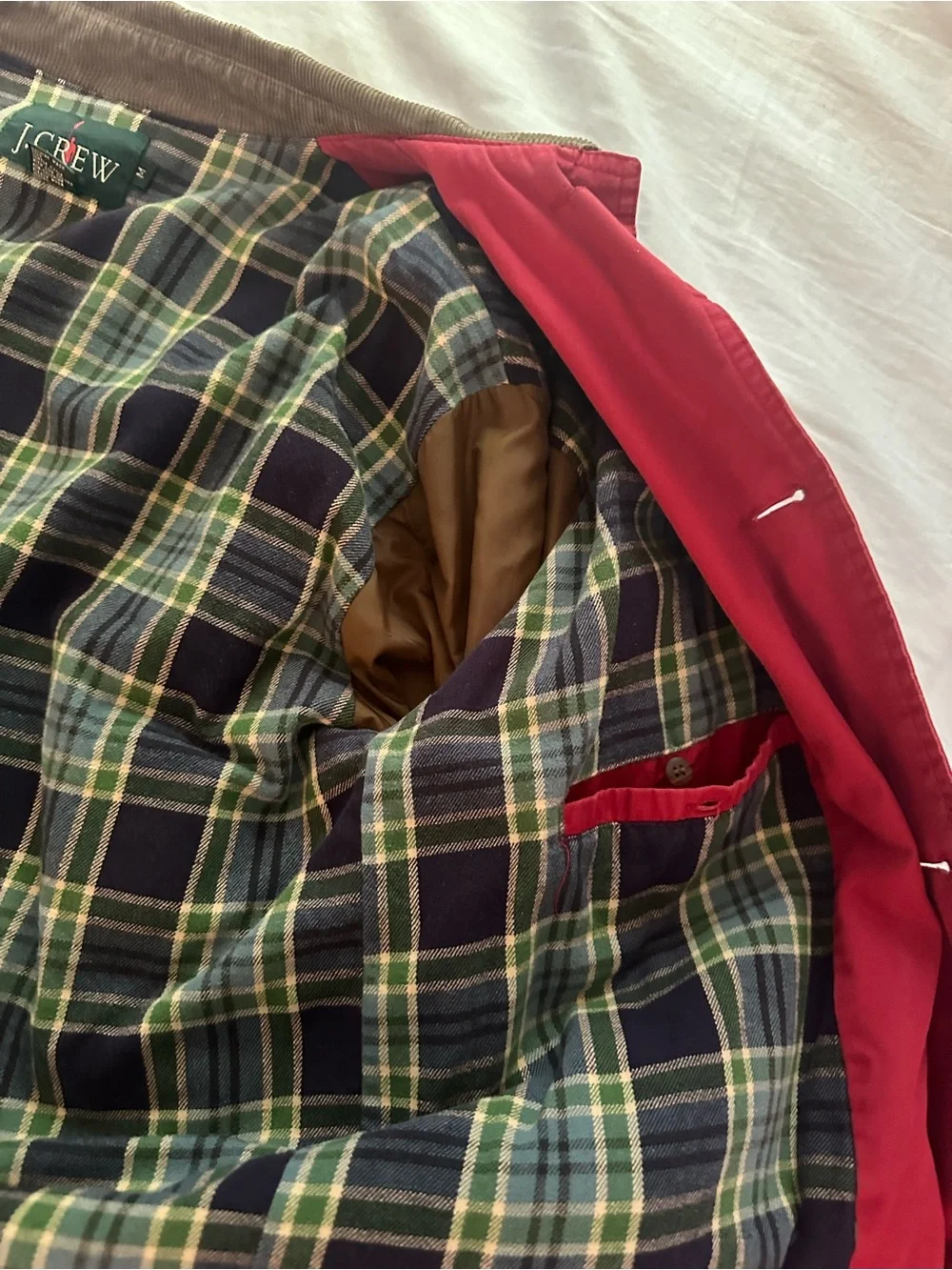 J. Crew Vintage Mens Red Barn Jacket with Brown Corduroy Collar - Size Medium